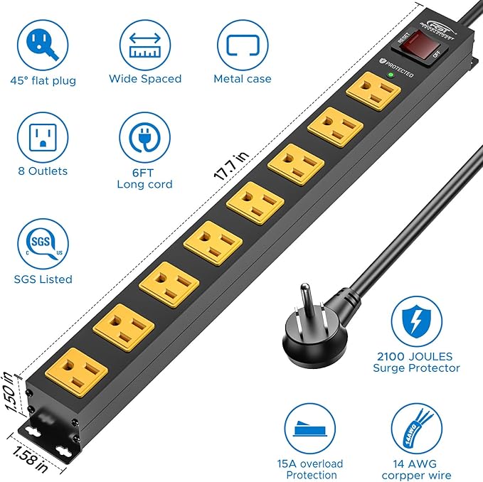 CRST 2 Pack 8 Outlet Metal Heavy Duty Power Strip - Image 2