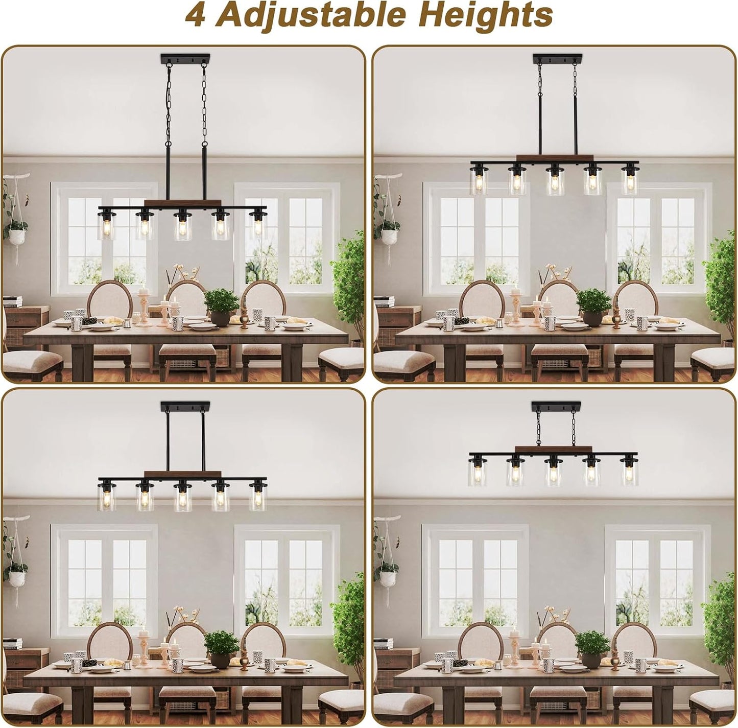 36.2‘’ Kitchen Lighting, 5-Light Dining Room Light Fixture Chandelier Over Table, Black Modern Rustic Wood Ceiling Pendant Light Fixtures, with Clear Glass Shade, Farmhouse Chandelier | 5‑Light Matte Black Pendant Lights,Wood Rustic Linear Kitchen Island