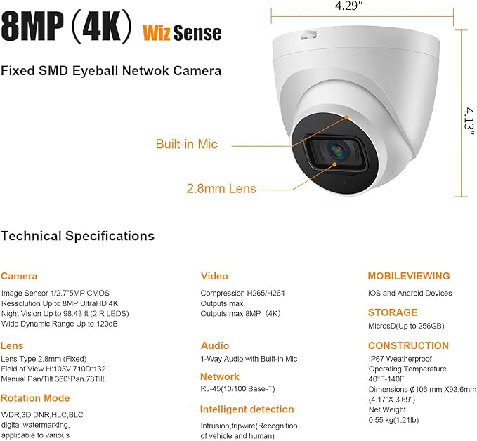 OHBET DahuaSecurity 4K 8MP PoE IP Dome Camera – Outdoor AI Security Turret - Image 3