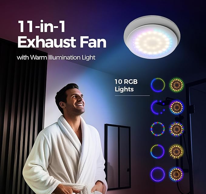 6" Bathroom Exhaust Fan with Light, 10 RGB Lights Upgraded 2 Way 6 Speed - Image 3