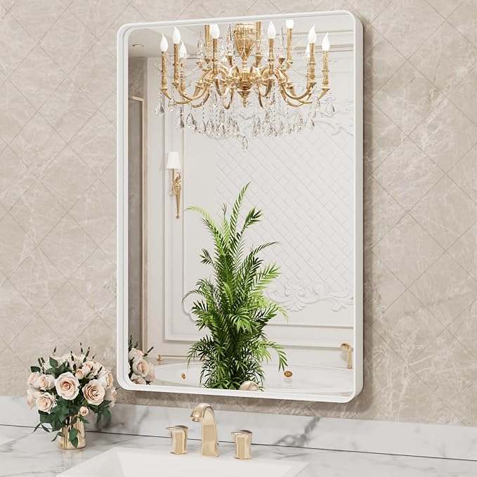LOAAO 28x36 Inch White Metal Framed Bathroom Mirror - Image 4