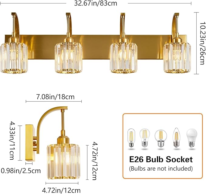 FDPBY 4-Light Crystal Vanity Light, Modern Gold Bathroom Wall Sconce - Image 4