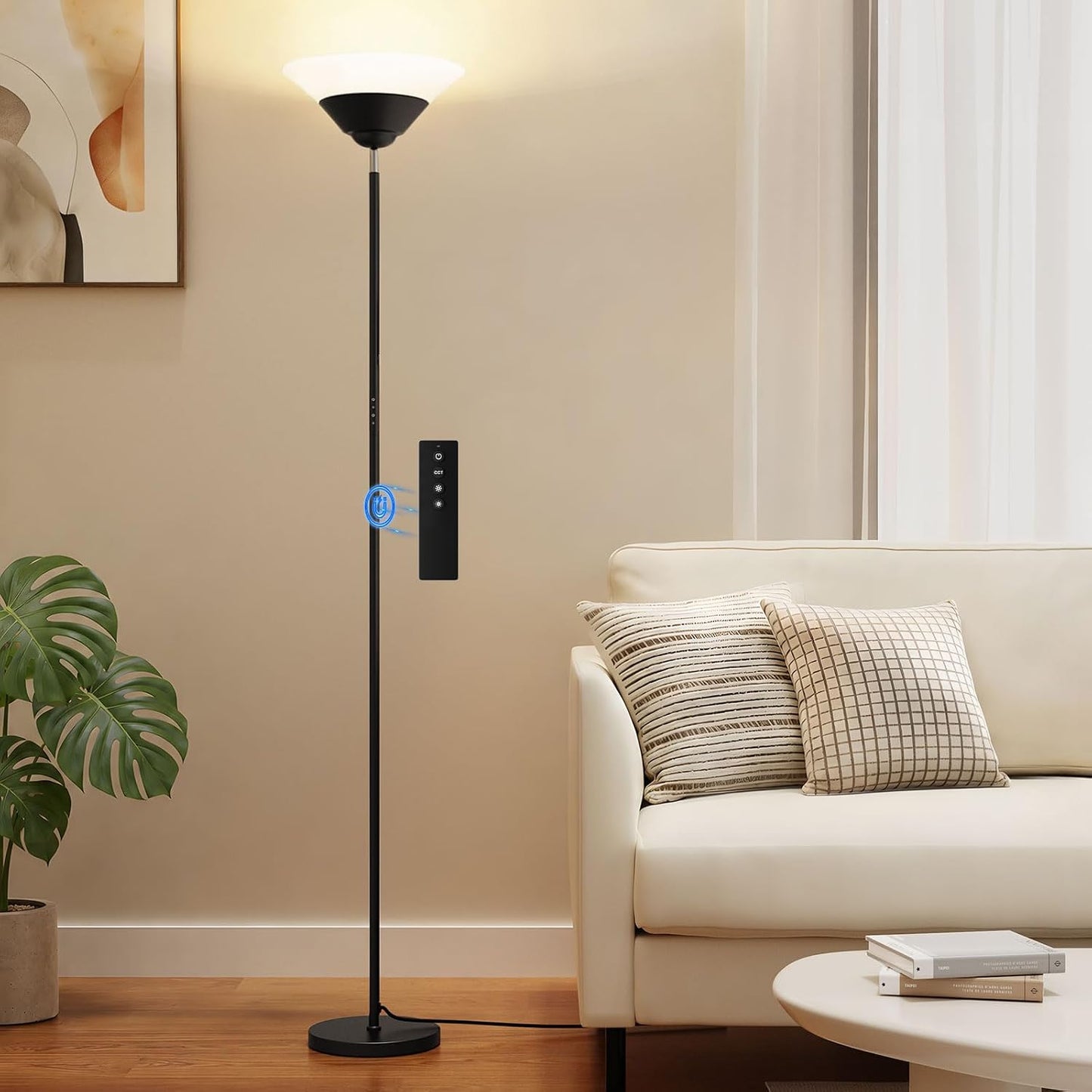 Torchiere Floor Lamp, 72 Inch 30W LED Standing Lamp, 1800LM, Stepless Dimmable, 3000K-6500K, Remote and Button Control, Modern Pole Light for Living Room Bedroom Office, Black