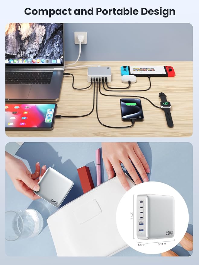 USB C Charger Block 200W GaN III 6 Port Fast Charging Station Hub, PD 65W USB C - Image 7
