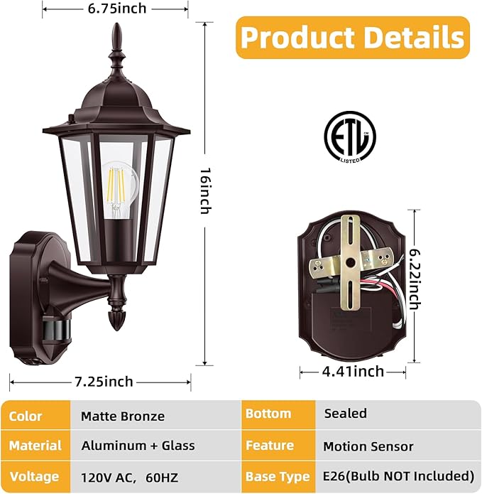 Lamomo Motion Sensor Outdoor Lights, Upgrade Dusk to Dawn Bronze Outdoor Light - Image 5
