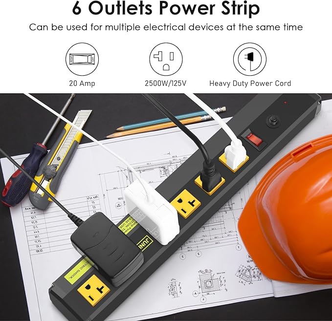 JUNNUJ Heavy Duty Metal Power Strip 20 Amp, High Amp Surge Protector 6 Outlet - Image 3