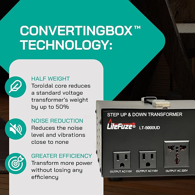 LiteFuze 5000 Watt Voltage Converter Transformer Step Up/Down - 110v to 220v / - Image 7