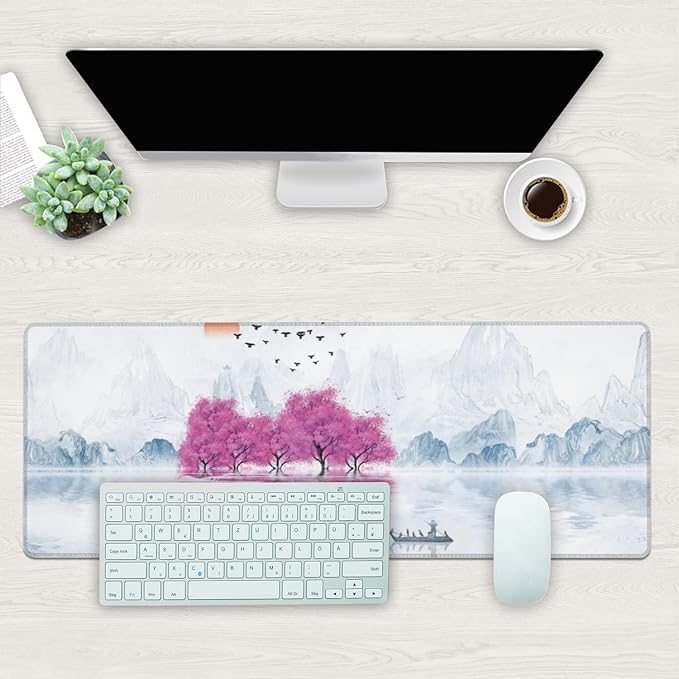 Desk Mat, Cherry Blossom Tree Oil Ink Painting Extended Gaming Mouse Pad Large - Image 2