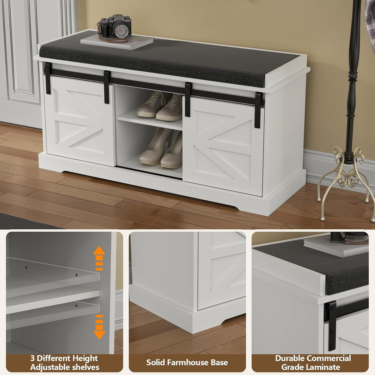 loomie 39" wide white shoe storage bench with showing dimensions