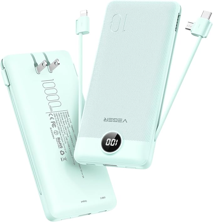 VEGER Portable Charger with Built-in AC Plug and Cables, All in One 10000mAh by VEGER