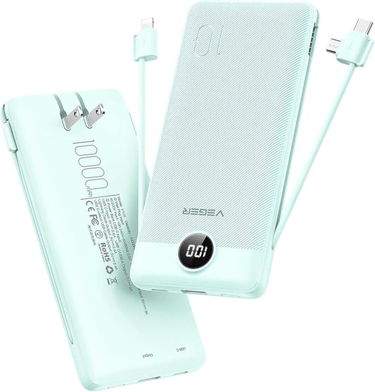 VEGER Portable Charger with Built-in AC Plug and Cables, All in One 10000mAh by VEGER