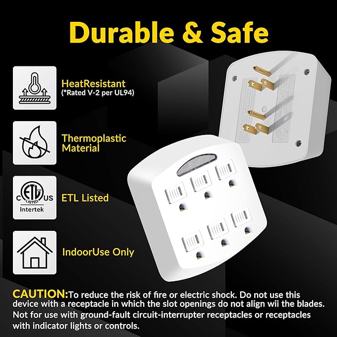 6-Outlet Extender 2 Pack, 3-Prong Ground Wall Tap Adapter - Image 3