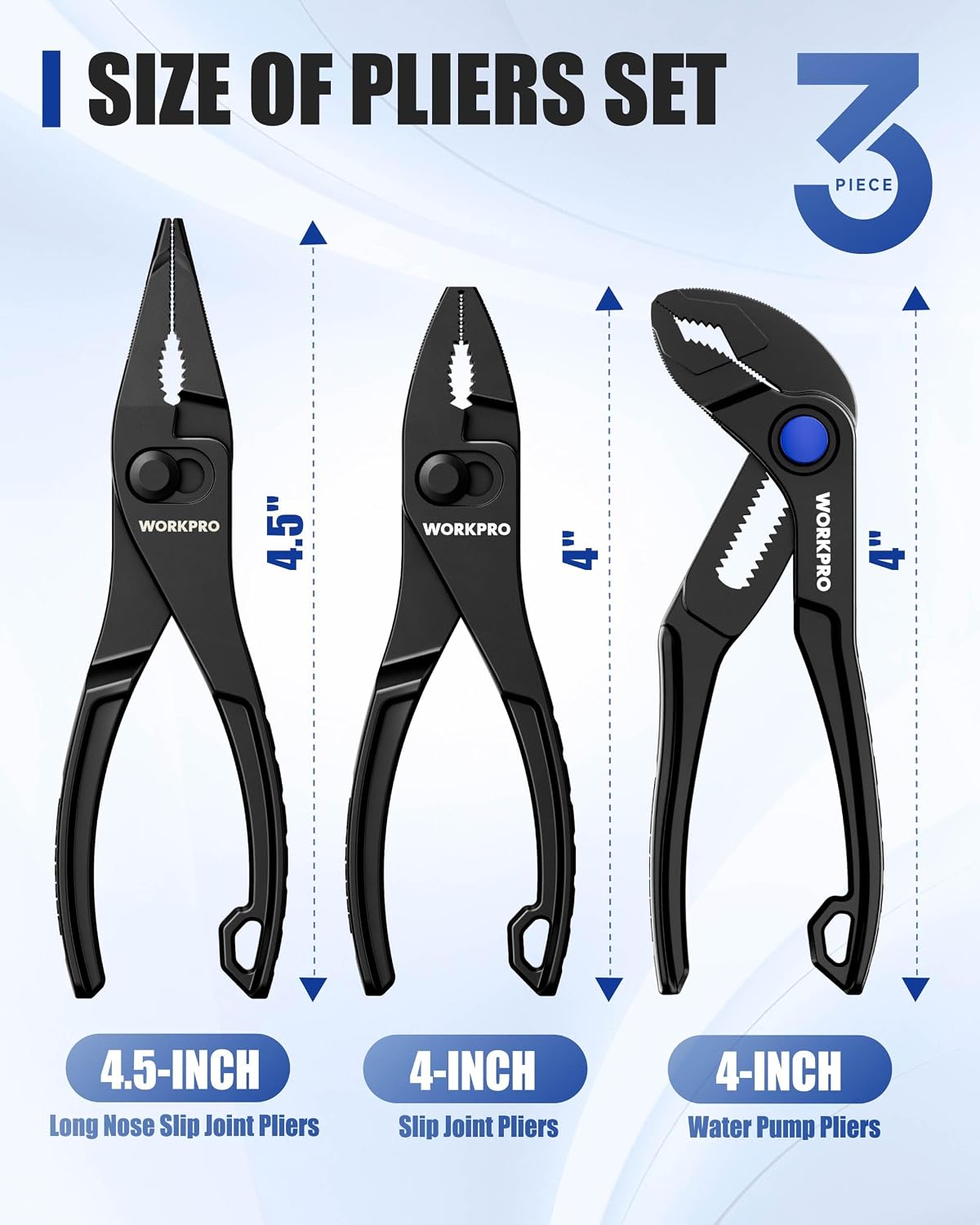 WORKPRO 3-Piece Mini Pliers Set with Pouch, Pocket Pliers, EDC Tool Gift | 4-Inch Slip Joint Pliers, 4-Inch Water Pump Pliers, 4.5-Inch Long Nose Slip Joint Pliers, Alloy Steel, Anti-Rust Coating
