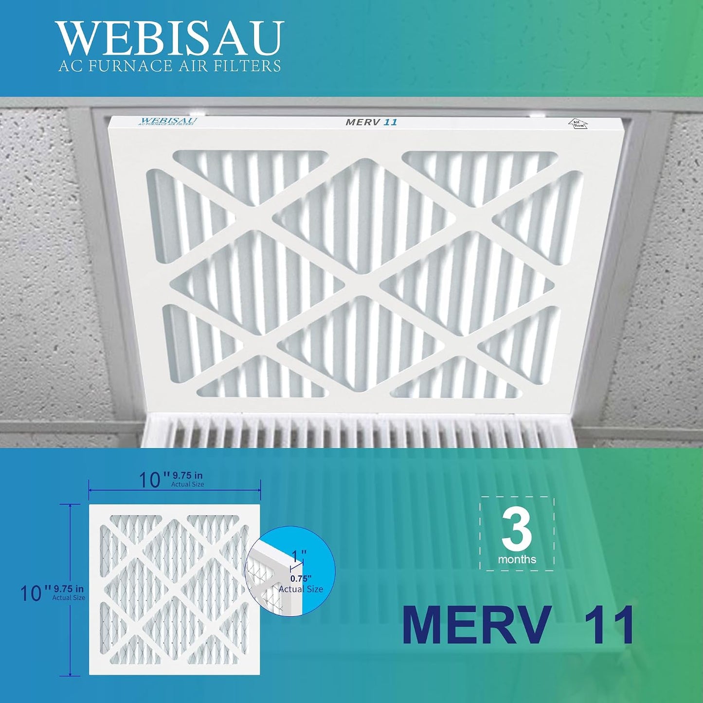 10x10x1 MERV 11 Air Filter 4-Pack for HVAC Furnance | MERV 11/MPR 1000 Air Filter, Traps Pollen/Smoke/Dander (Fits 9.81x9.81x0.81)