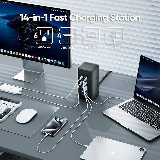 TenTrend Power Strip Tower, 14-in-1 USB-C Charging Station Tower - Image 2