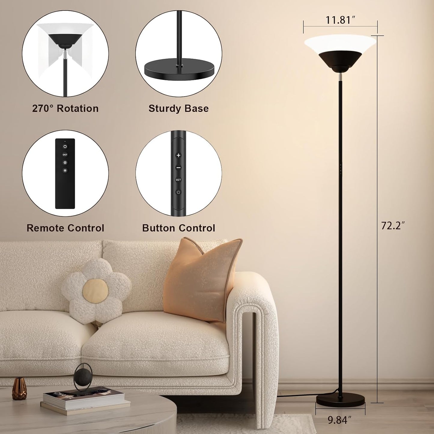 Torchiere Floor Lamp, 72 Inch 30W LED Standing Lamp, 1800LM, Stepless Dimmable, 3000K-6500K, Remote and Button Control, Modern Pole Light for Living Room Bedroom Office, Black