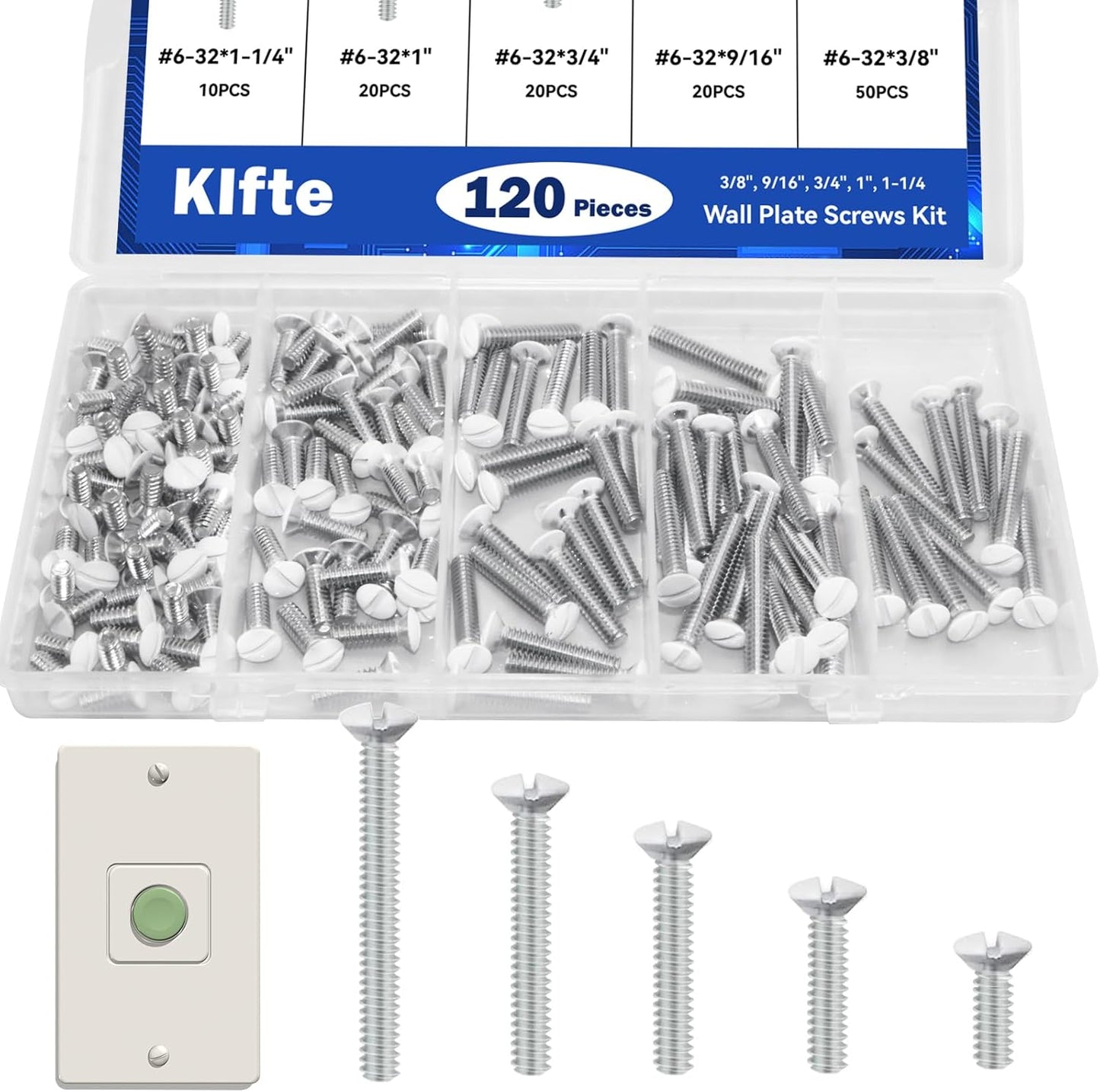 120 pcs Wall Plate Screws, White Outlet Screws 6-32 Thread Light Electrical Cover Panel Switch Plate Screws 5 Length Sizes (3/8", 9/16", 3/4", 1", 1.2")