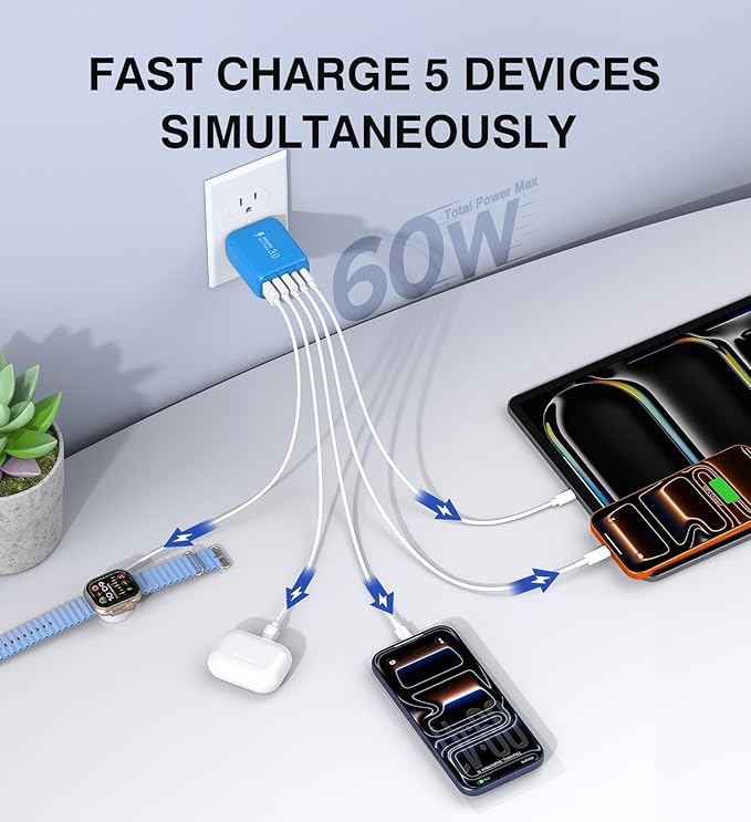 2-Pack USB C Wall Charger Block, 60W 5-Port C Charger Fast Charging Block PD - Image 2