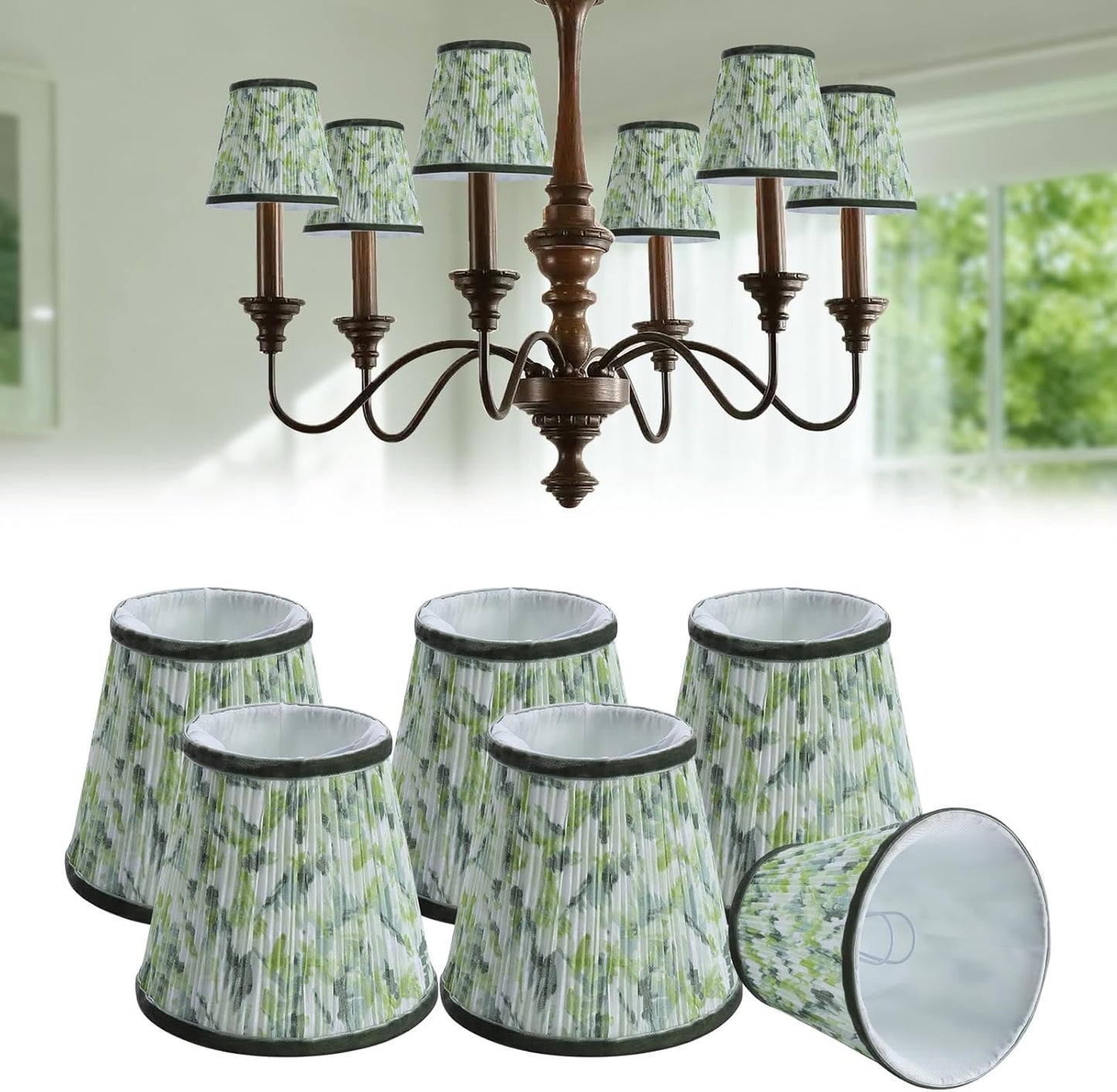Fuloon Chandelier Lamp Shades, Clip on Small Sconce Lamp Shades, Suit for Candelabra Bulbs in Modern/European/French Country/Farmhouse Decoration, 3.5x4.3x4.9 in(6 Pack, Chiffon Green Painted)