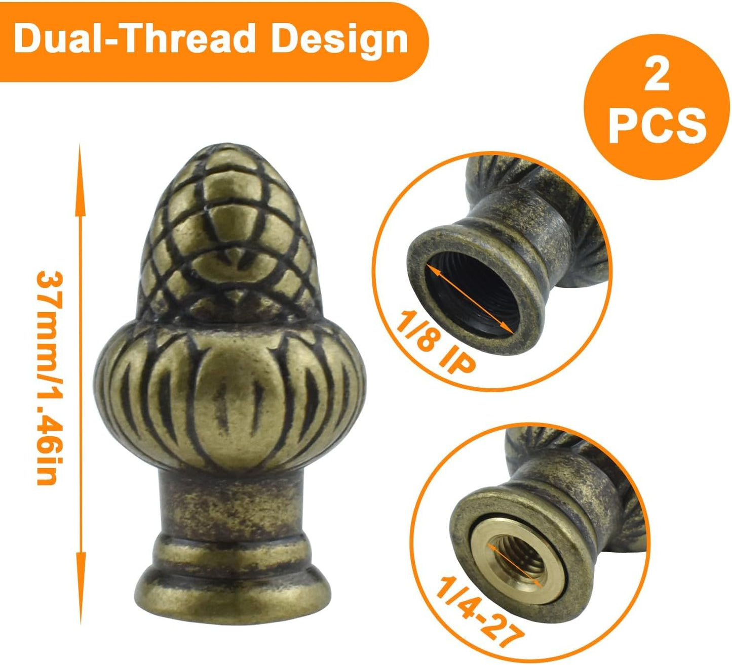 Bronze Brass Solid Lamp Finial Cap Knob Retro Lamp Finial Decoration with Dual-Thread Screw for Lamp Shade Holder Harp Tops, Fit Both 1/8 IP(3/8") and 1/4-27, 2 Pack
