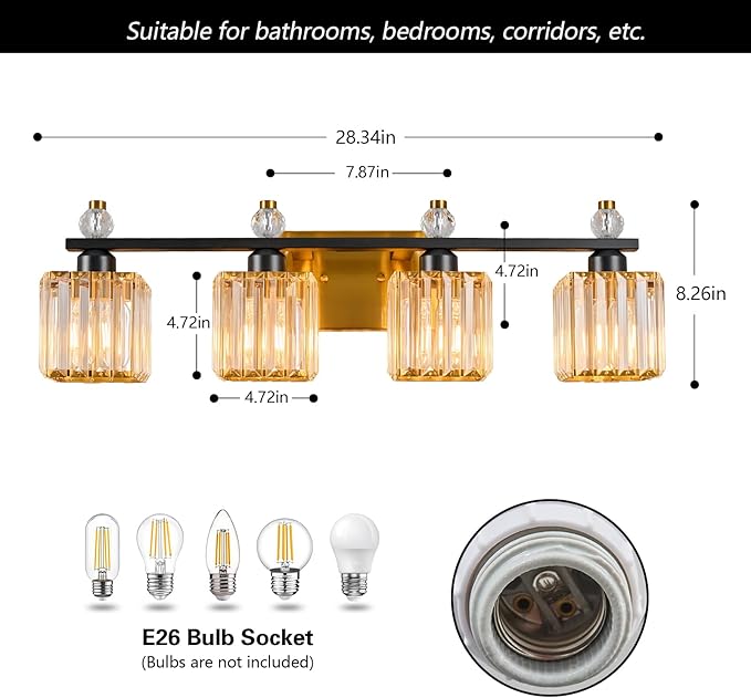 FDPBY Vanity Lights 4-Light Modern Crystal Vanity Light Black Gold Bathroom - Image 5