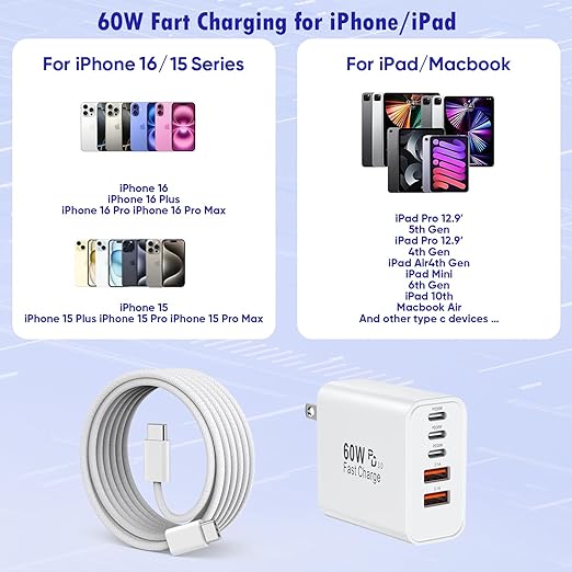 iPhone 17/16 Fast Charger Block, 2 Pack 60W USB Charging Block 5-Port Charge - Image 3