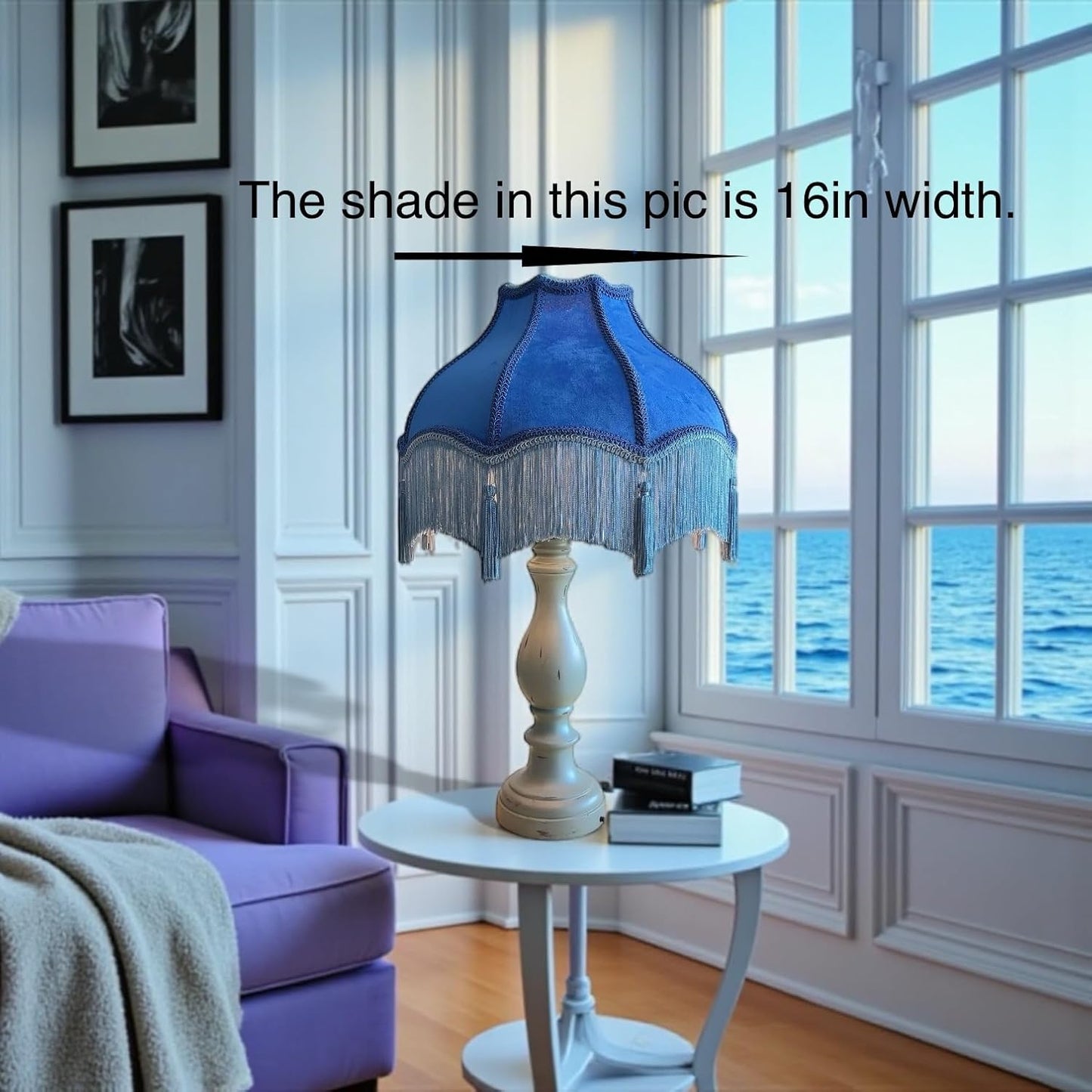 Tristan Home Premium Classic Victorian Style Bell Shape Scallop Large Velvet Lamp Shade with Tassels and Fringe, 14inch Width 11inch Height, (Ocean Blue), Medium