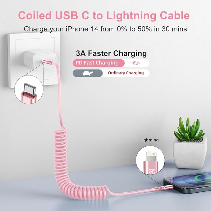 KIYODA USB C to Lightning Cable 3FTfor Car, Coiled iPhone Charger Fast Charging - Image 2