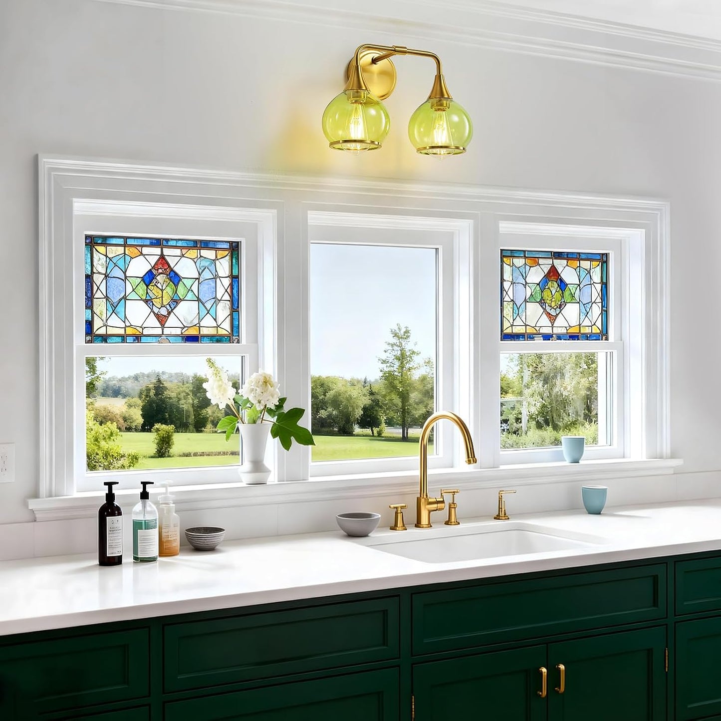 Brushed Gold Bathroom Vanity Light 2-Lights Bathroom Light Fixtures Over Mirror with Green Clear Glass Shade 14 inch Wall Sconce Lighting Bath(Exclude E26 Bulb)