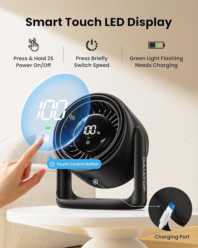Gaiatop Desk Fan with Touch Control, 4000mAh Battery, 5 Speeds Ultra Quiet - Image 2