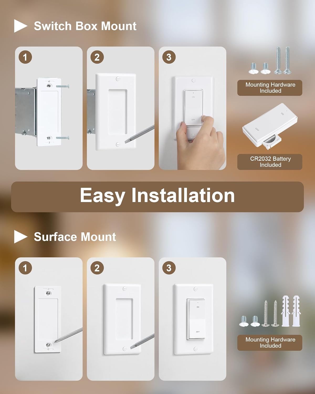 Wireless Light Switch and Receiver Kit, Decorator Rocker Switch | 200FT Long Range, 10A/1200W, No Rewiring, Wireless Wall Switch for Ceiling Light, Fans, Lamps, Programmable & Expandable