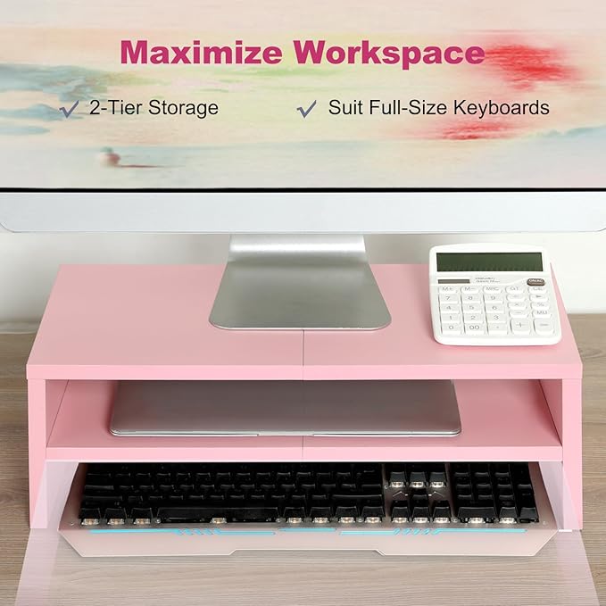 TEAMIX 2 Tiers Pink Monitor Stand Riser, Desktop Stand - Image 2