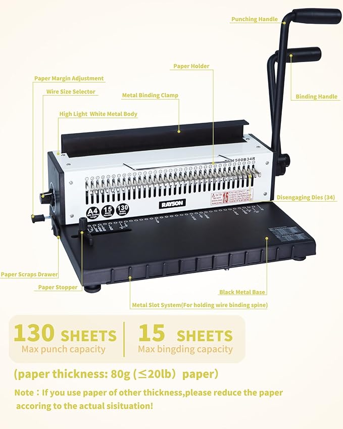 Rayson TD-1500B34R Binding Machine, Round Holes, 3:1 Pitch Wire-O Binder Punch - Image 2