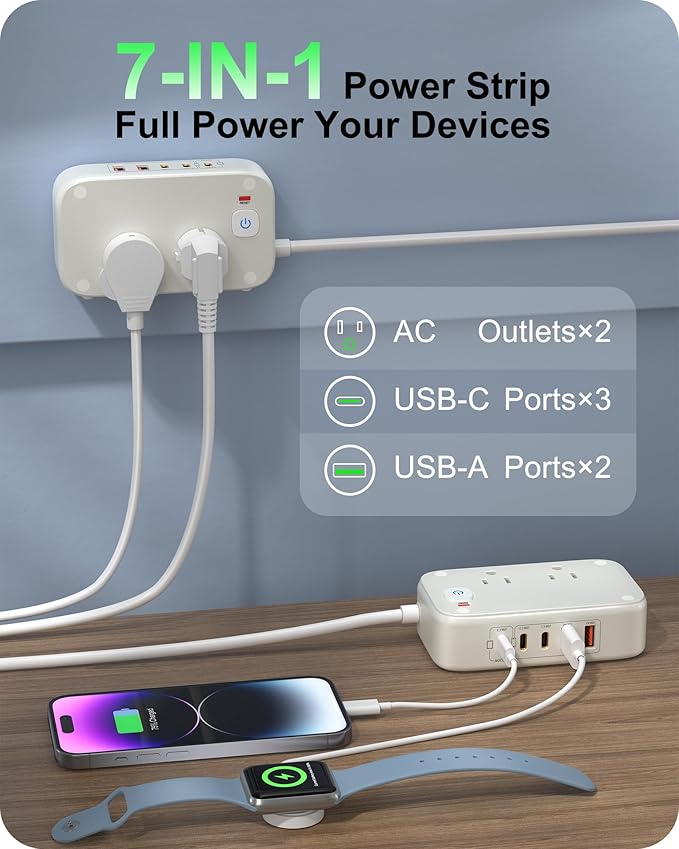 KWRNVO 5FT Portable USB C Power Strip Surge Protector PD 20W Flat Wall Plug - Image 3