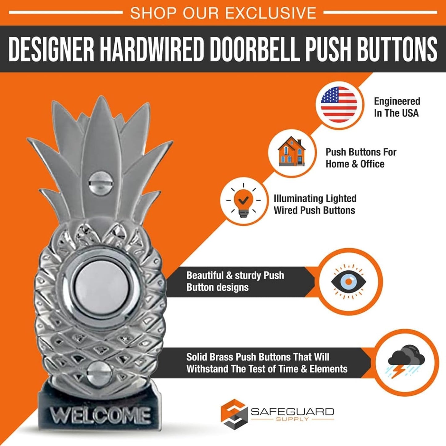 Brass Doorbell Button, Lighted Pineapple, Brushed Nickel | Wired Doorbell, Recessed Mount, Push Button Replacement for Existing Chime Systems