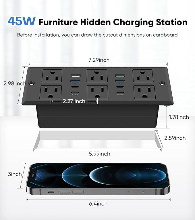 45W Recessed Power Strip, Flush Mounted Surge Protector - Image 7