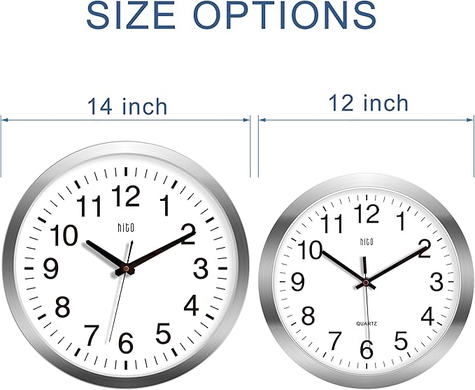 HITO 14" Silent Wall Clock Battery Operated Non Ticking Sweep Movement Glass - Image 3