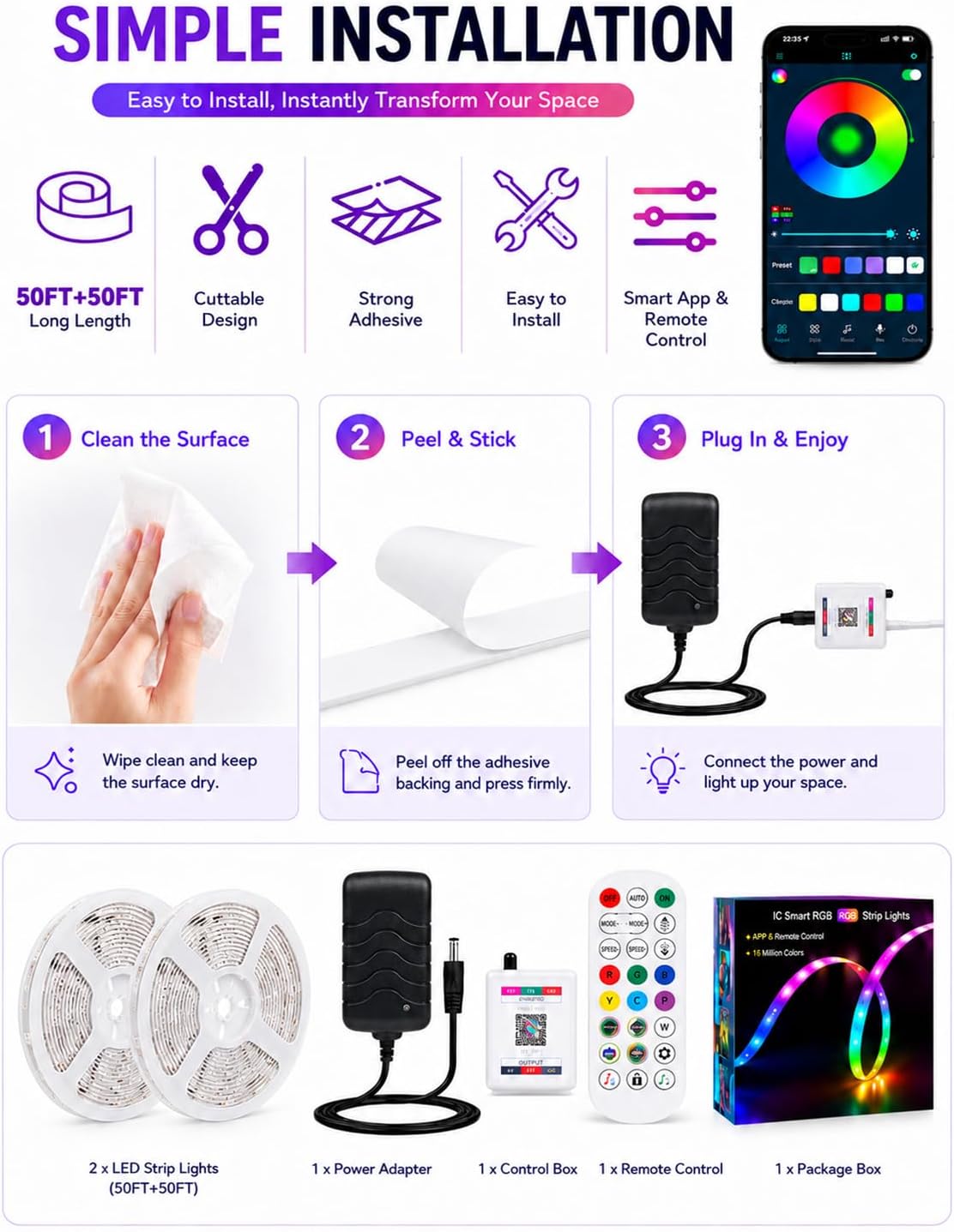 MFWW 100ft RGB+IC LED Strip Lights, LED Lights for Bedroom, Smart Control
