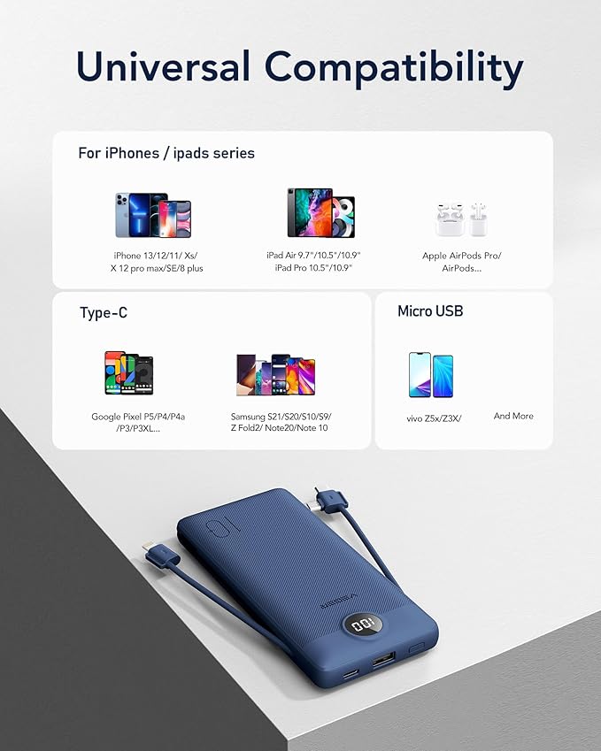 VEGER Portable Charger with Built-in AC Plug and Cables, All in One 10000mAh - Image 6