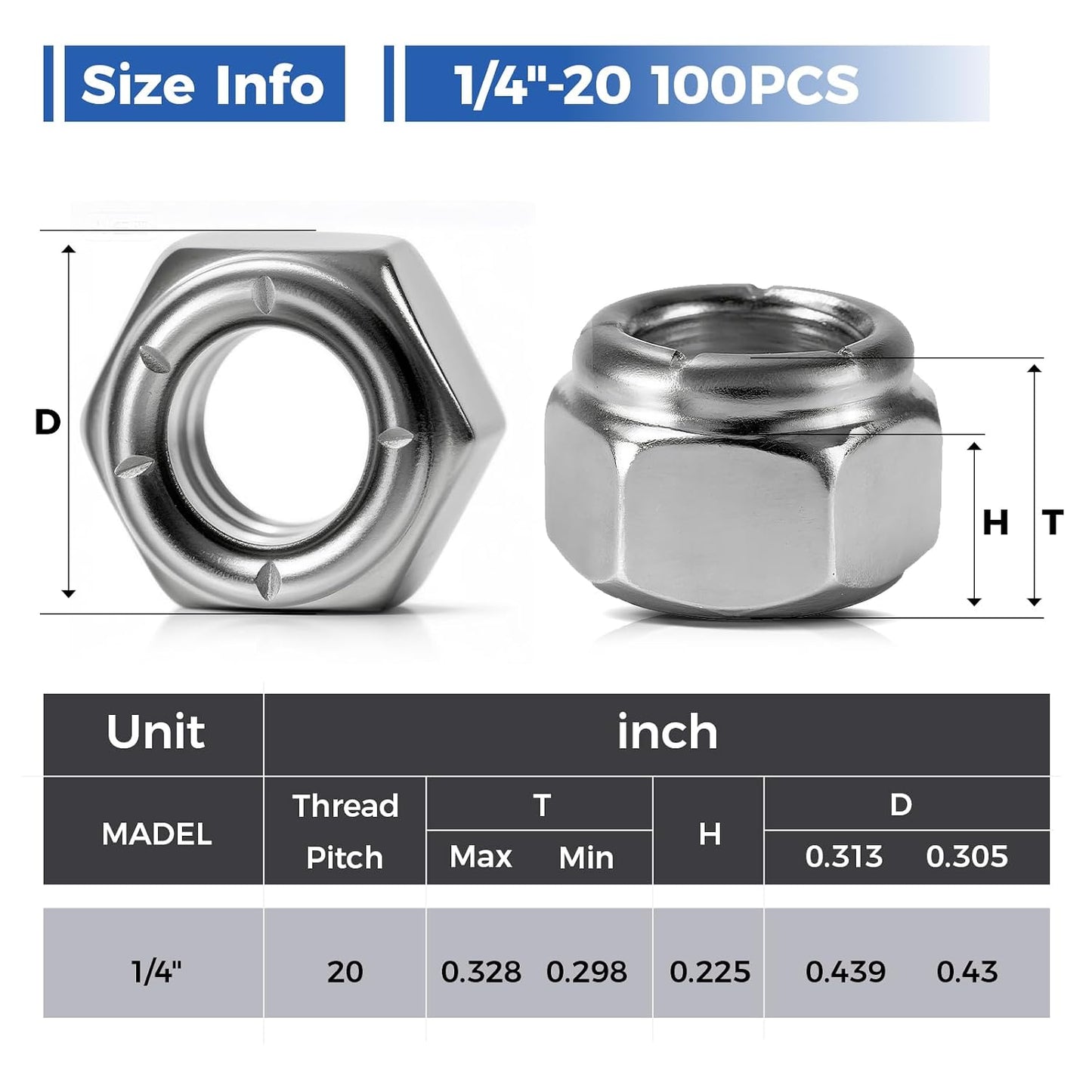 1/4"-20 Lock Nuts, 100-Pack, Premium Carbon Steel | Nylon insert lock nuts. Rust-proof & corrosion-resistant. For furniture, auto, machinery, construction. Storage box included.