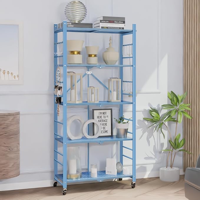 Storage Shelves with 20 Hooks, 5-Tier Foldable Shelf - Image 2