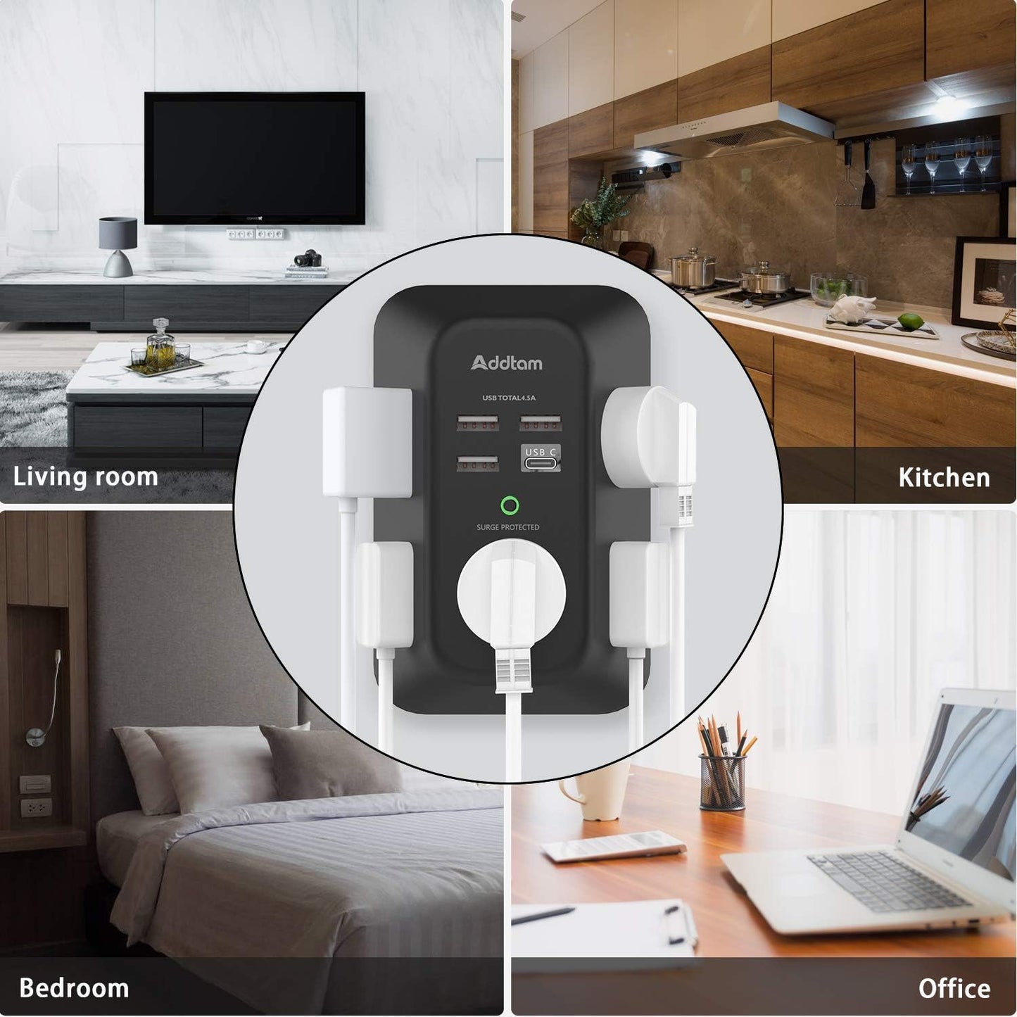 Addtam Surge Protector, Outlet Extender with 5 AC and 4 USB Ports, Black | Multi Plug Wall Outlet, Electric Outlet Splitter, 3-Sided 1800J Power Strip for Home Office Dorm, Easy to Install, Save Space