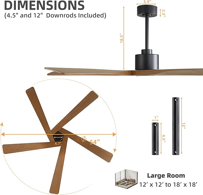 WINGBO 54" ABS DC Ceiling Fan No Light, 5 Blade Wood Grain ABS Ceiling Fan - Image 3