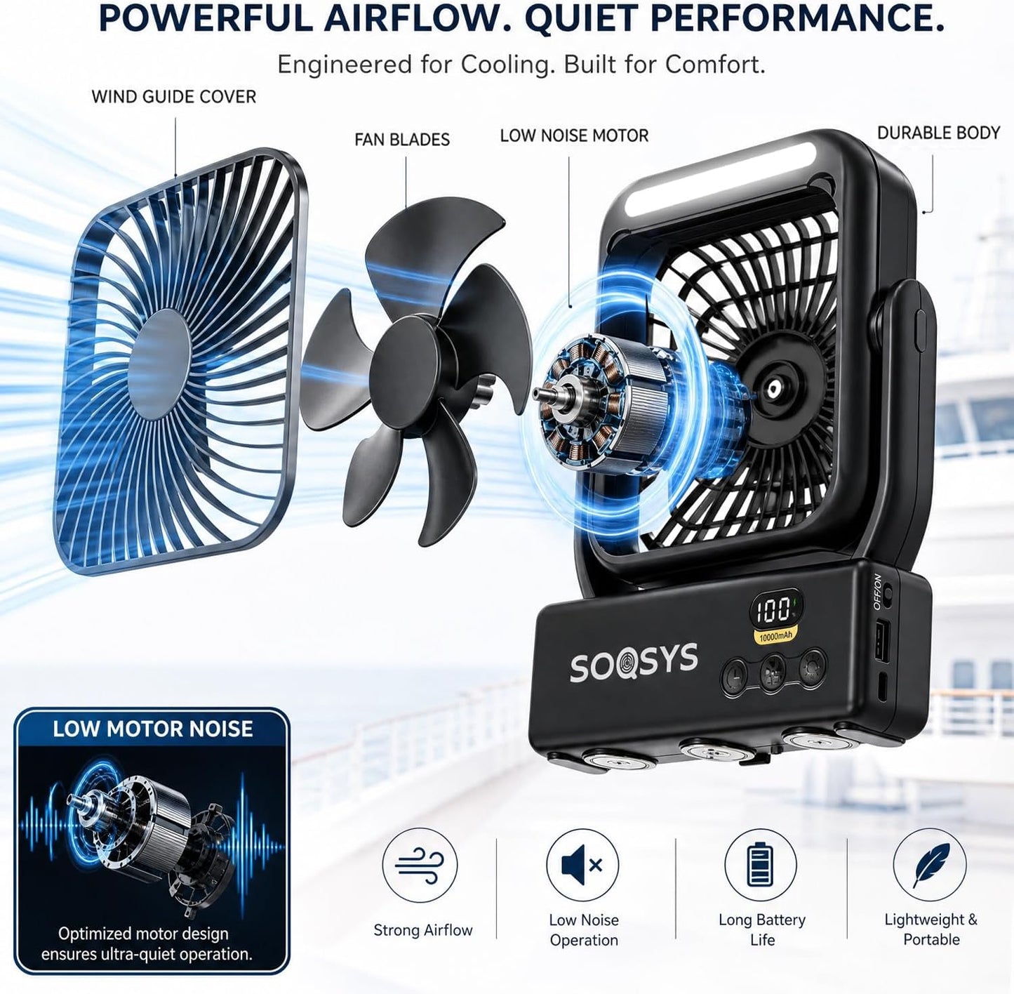 Cruise Approved Magnetic Fan with Night Light, 10000mAh Ultra-Slim Cruise Ceiling Fan, 4-Speed, Hook Design, Timer, LED Display, Portable Fan for Cruise Ship, Camping, Travel, Cruise Essentials