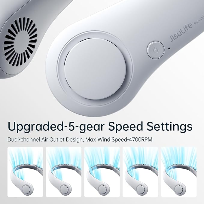 JISULIFE Portable Neck Fan, Hands-Free Bladeless, 5 Speeds, 4000 mAh Battery - Image 2