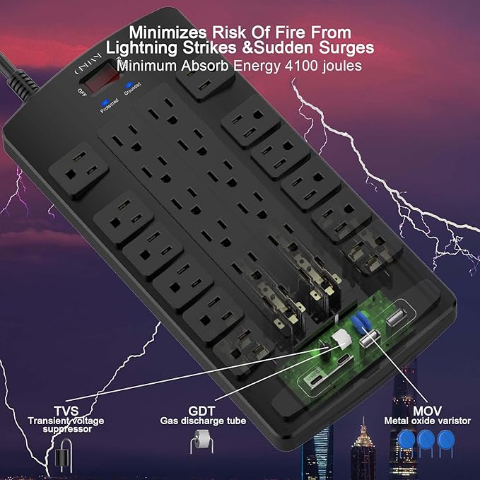 QINLIANF Surge Protector Power Strip - 6Ft Flat Plug Heavy Duty Extension Cord - Image 5