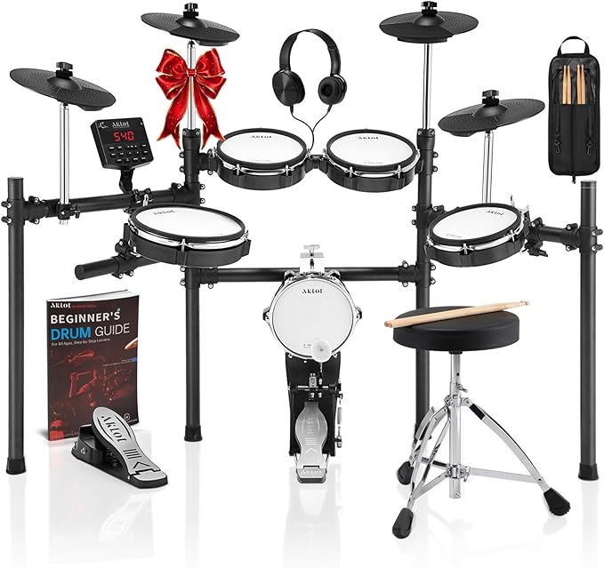AKLOT Electric Drum Set with Kick-Tower: 4 Dual Zone Mesh Pads, 8’’ Tower-Style by AKLOT