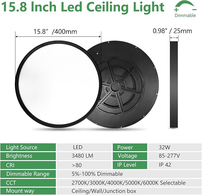 15.8 Inch Dimmable LED Flush Mount Ceiling Light, 3000K/3700K/4000K/5000K/6000K - Image 4