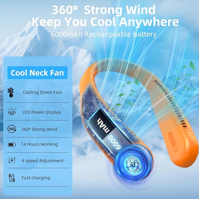 Portable Neck Fan, Hands Free Personal Wearable Bladeless Fan, 6000mAh USB - Image 8