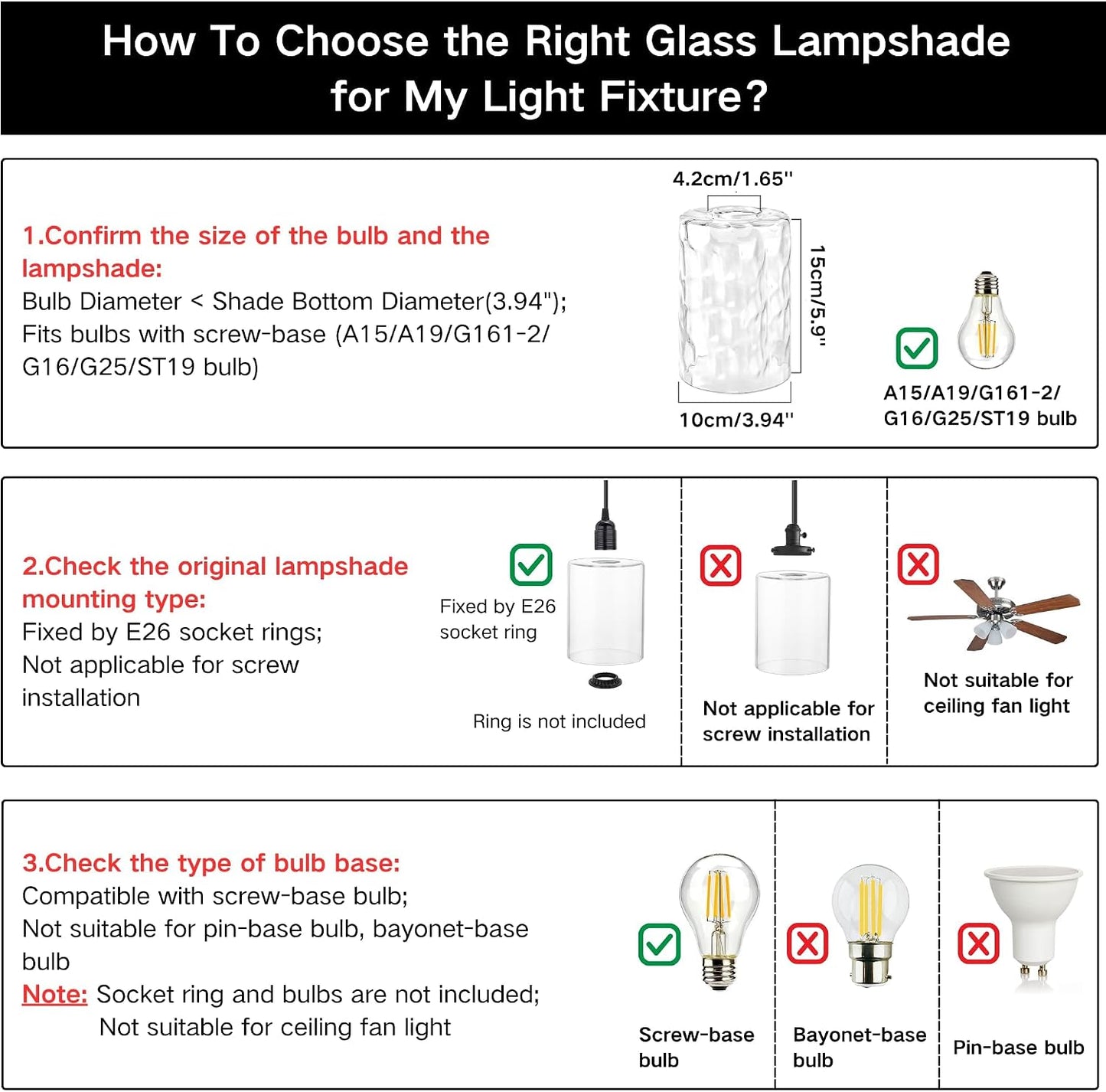 GO&SO Glass Lamp Shade Replacement 3Pc Amber Hammered 3.94" W x 5.9" H | Hand Blown Hammered Glass,1-5/8" Fitter,E26 Base,Fits Pendant Lights Fixtures,Wall Sconces,Table Lamps,Floor Lamp Cover